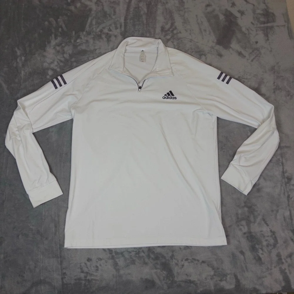 Adidas Quarter Zip Pullover Mens Large White 3-Stripe Long Sleeve Golf Active